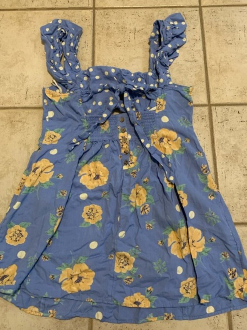 Free People Blue Yellow Floral Polka Dot Smocked Mini Dress XL - Picture 2 of 10